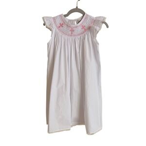 Lil Cactus Girls 4T White Cotton Smocked Cross Dress Pink Baptism Church Wedding